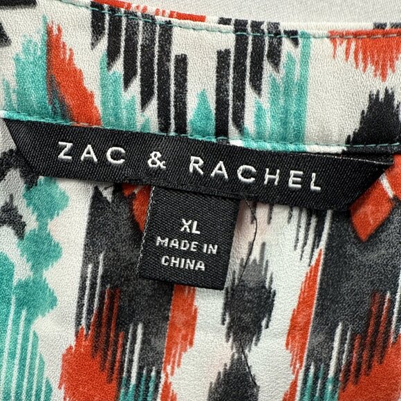 Zac & Rachel Women's Top Size XL Black Orange Aztec Roll Tab Sleeves Tie Front - Picture 3 of 8